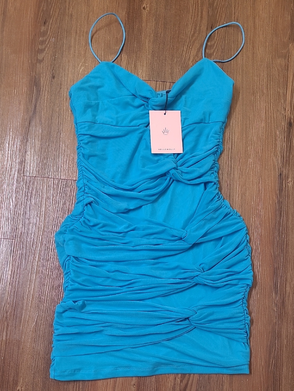 Hello Molly Teal Ruched Mini Dress with Spaghetti Straps‎